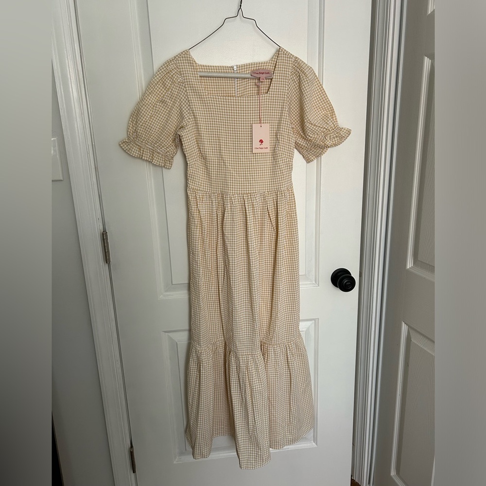 Lisa Says Gah Beige Gingham Midi Dress